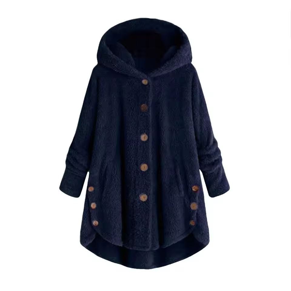 CosyHood Wool Blend Hooded Womens Coat, Warm Autumn Winter Solid Colour Plush Jacket