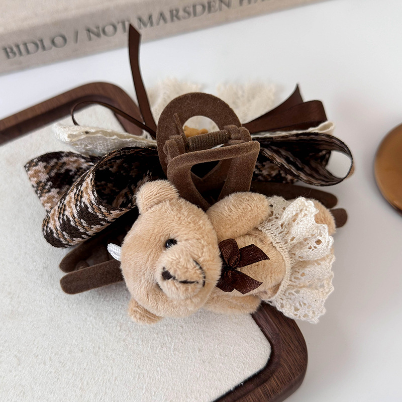New autumn and winter checkered bow headband, cartoon fabric teddy bear clip hair clip, shark clip hair clip