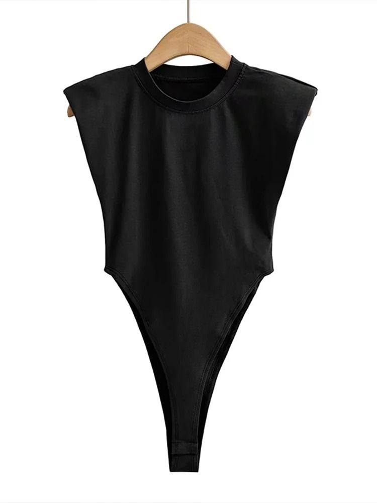 Padded Shoulder Bodysuit Women Summer One Piece Slim Fit Sleeveless Bodycon Top