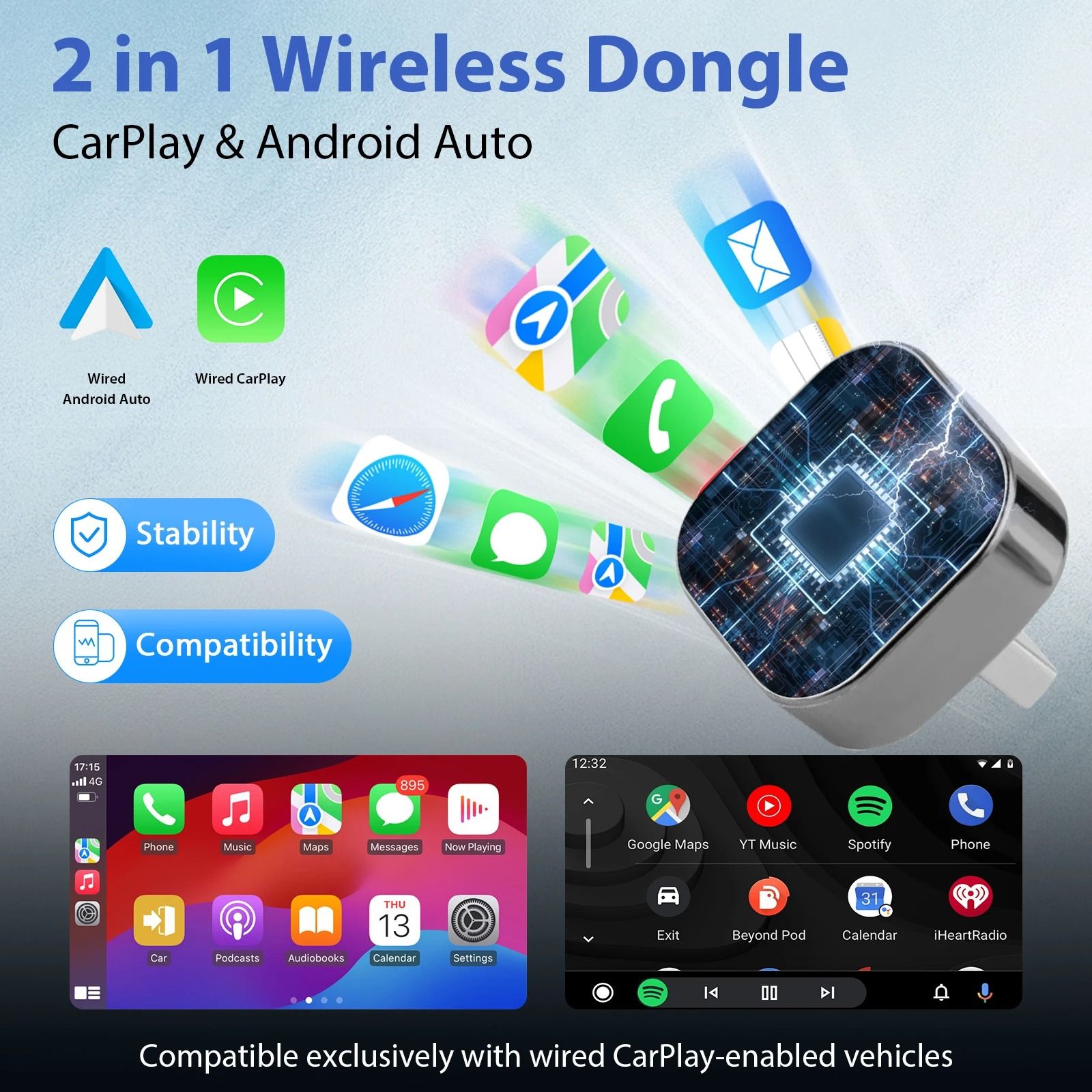 2 in 1 Wireless CarPlay and Android Auto Adapter with 5GHz WiFi