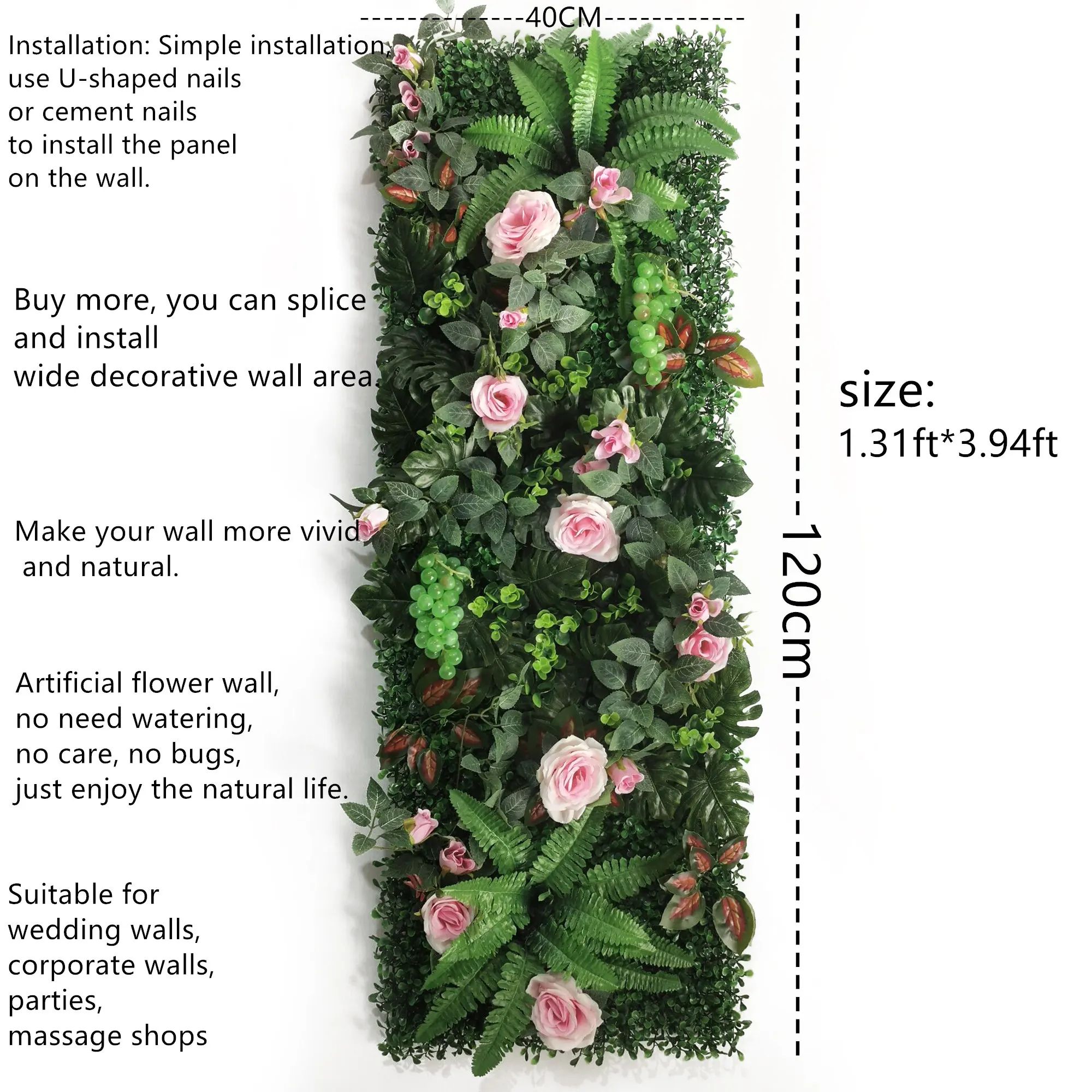 Artificial Grass Wall Panel with Rose Decor Greenery Wall Mat