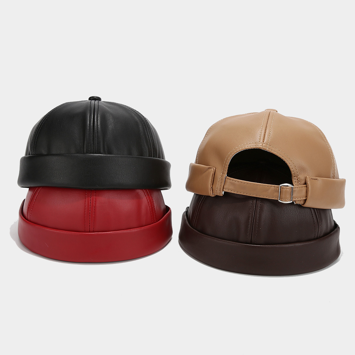 Adjustable PU Leather Landlord Hat Men Women, Retro Melon Skin Caps, Fashionable Autumn Winter Docker Style