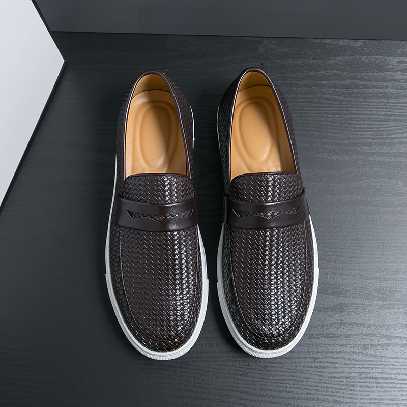 Men's Slip On Loafers, Soft Leather Shoes, Weave Pattern Sneakers, Casual Flats