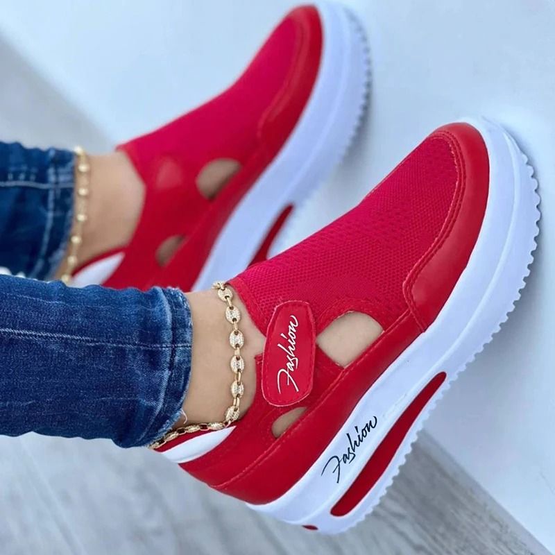 Red Canvas Platform Sneakers for Women Casual Walking Shoes