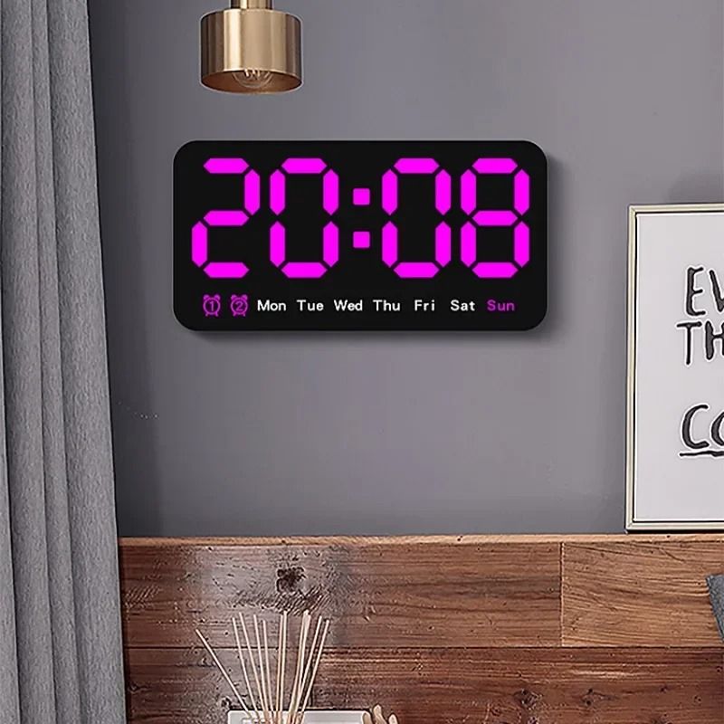 Voice Control Digital Wall Clock Large LED Display with Temperature and Dual Alarm