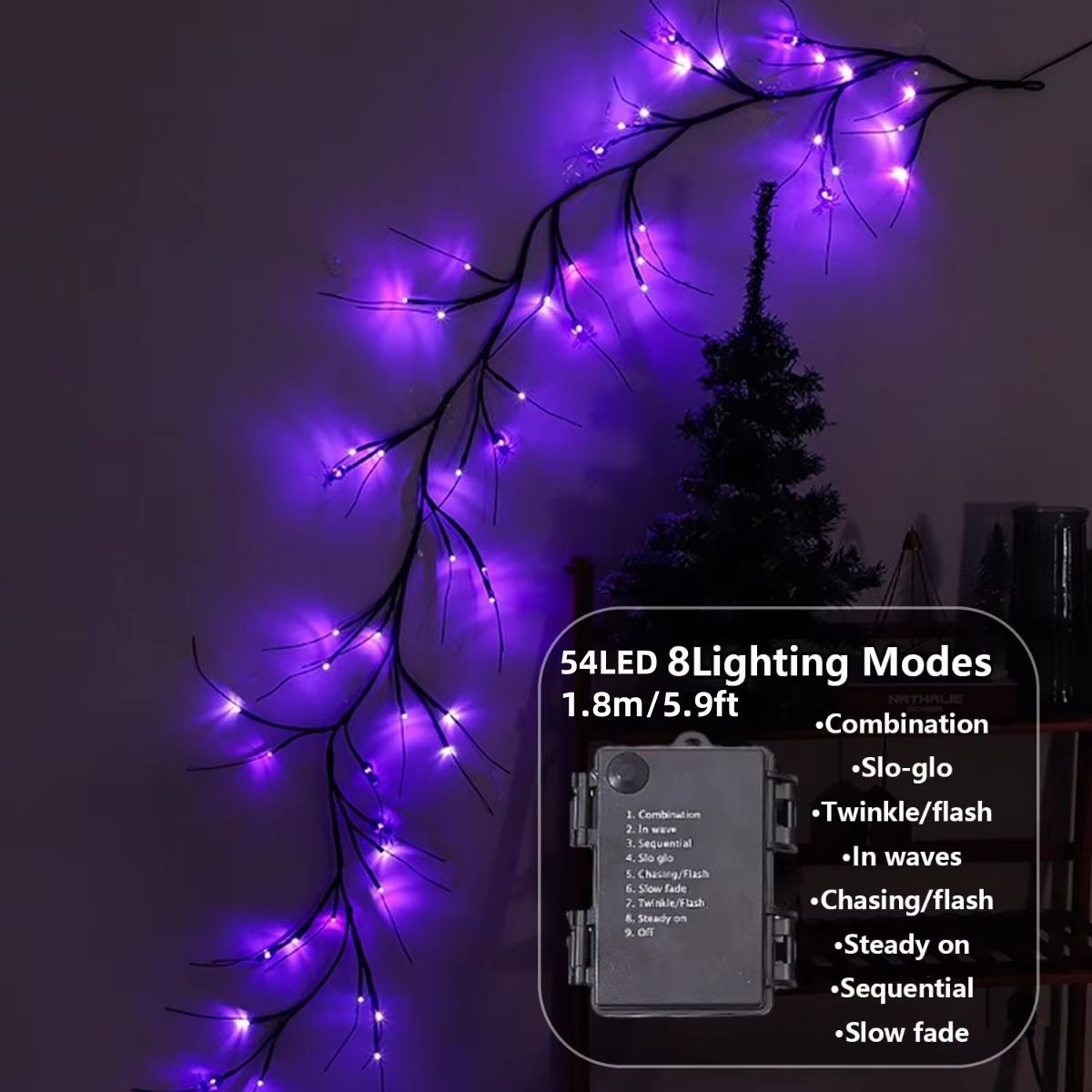 Purple LED Rattan Branch Garland 54 LED Halloween Lights Battery Powered