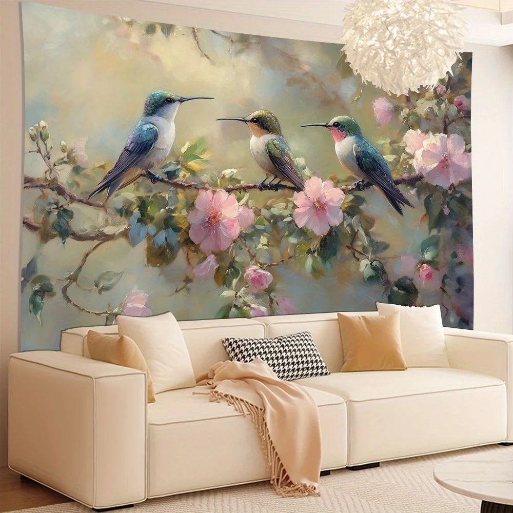 Vibrant Hummingbird Floral Wall Tapestry