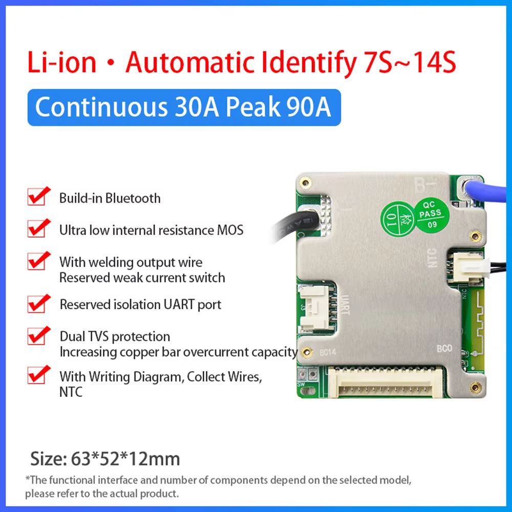 JiaBaiDa Smart BMS 7S–14S 20A/30A Battery Management System – Automatic Identify LFP NMC 24V 36V 48V Protection Board