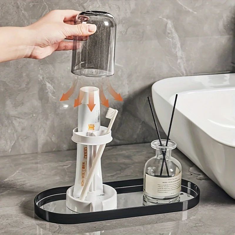 Multifunctional Toothbrush & Toothpaste Holder Set with Dustproof Cover | Bathroom Organizer with Drainage Storage