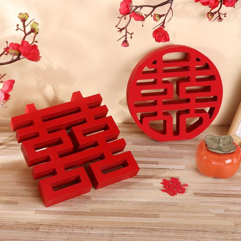 Double Happiness Xi Symbol Wooden Decor – Traditional Chinese Wedding & Festival Wall Ornament