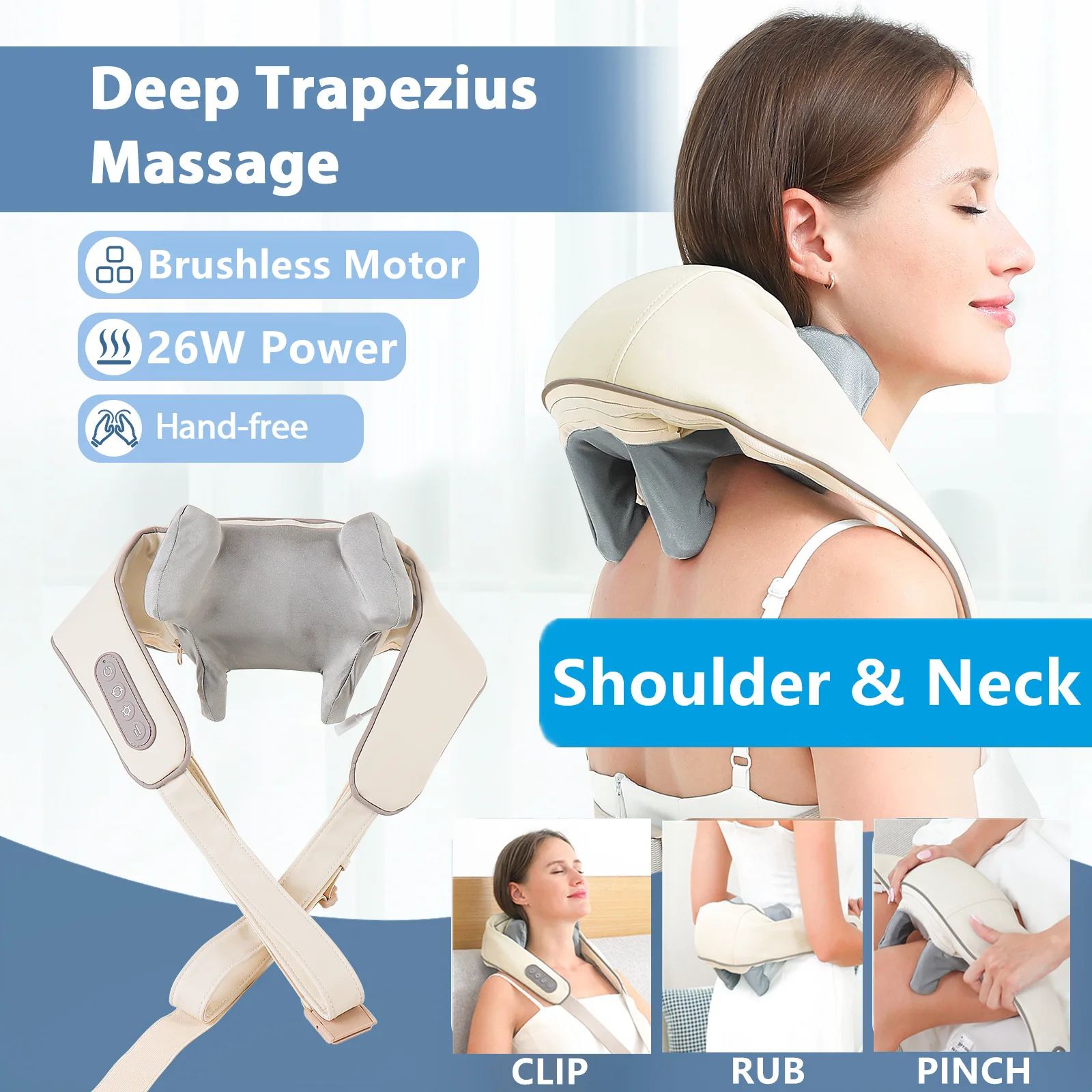 TINSOL 26W Brushless Motor Wireless Neck and Shoulder Massager - Deep Kneading Shawl for Relaxation