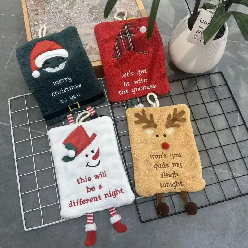 Christmas Cartoon Hanging Hand Towel – Thick Coral Fleece Absorbent Kitchen & Bathroom Cloth