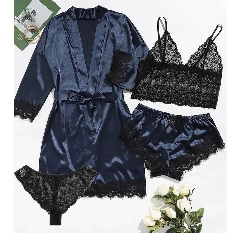 Womens Fashion Print Satin Pajama Set – Sexy Lace Trim Faux Silk Gown & Skin-Friendly Loungewear