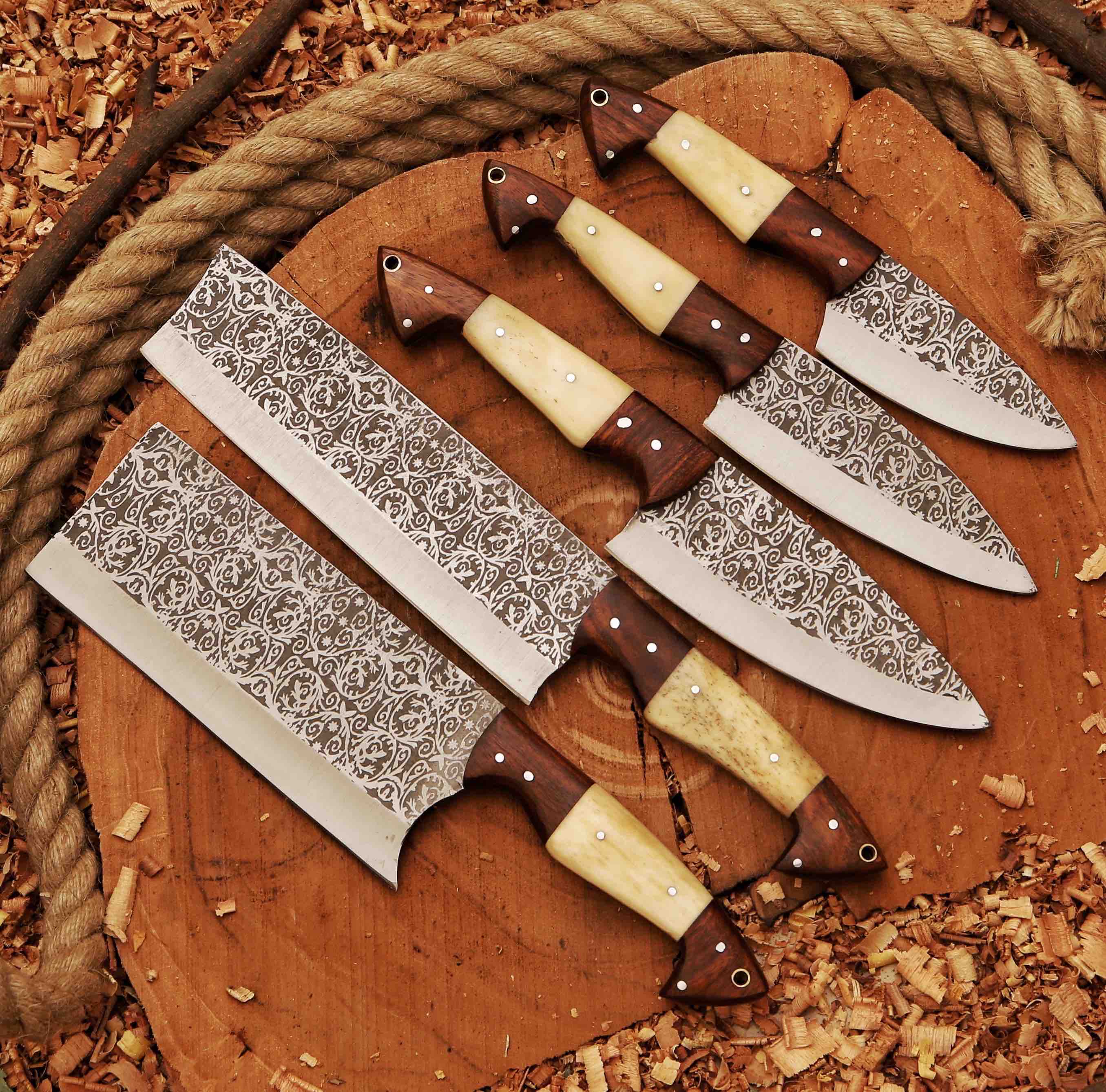 Heaven Forged Damascus Steel Chef Set 6 Pcs with Leather Roll Kit, Handmade Kitchen BBQ Culinary Set, Birthday