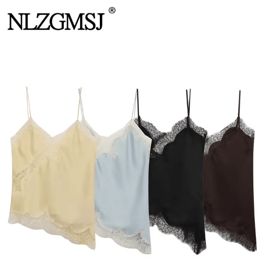 NLZGMSJ 2025 Lace Embellished Camisole Off Shoulder Sleeveless Summer Top