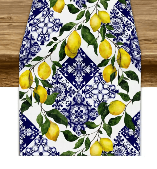 Blue Tile Lemon Table Runner Floral Linen Decor for Summer Dining & Parties
