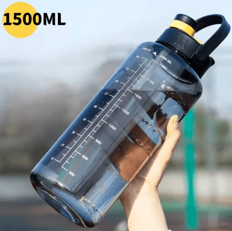 1500ml Large Capacity Sports Water Bottle with Straw and Time Marker Portable Outdoor Fitness Bottle