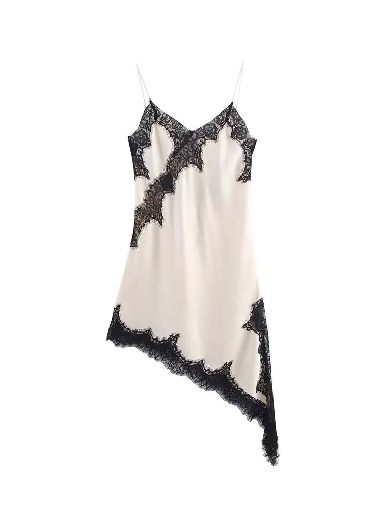 Women Fashion Sexy V Neck Lace Elegant Halter Dress Asymmetric Hem