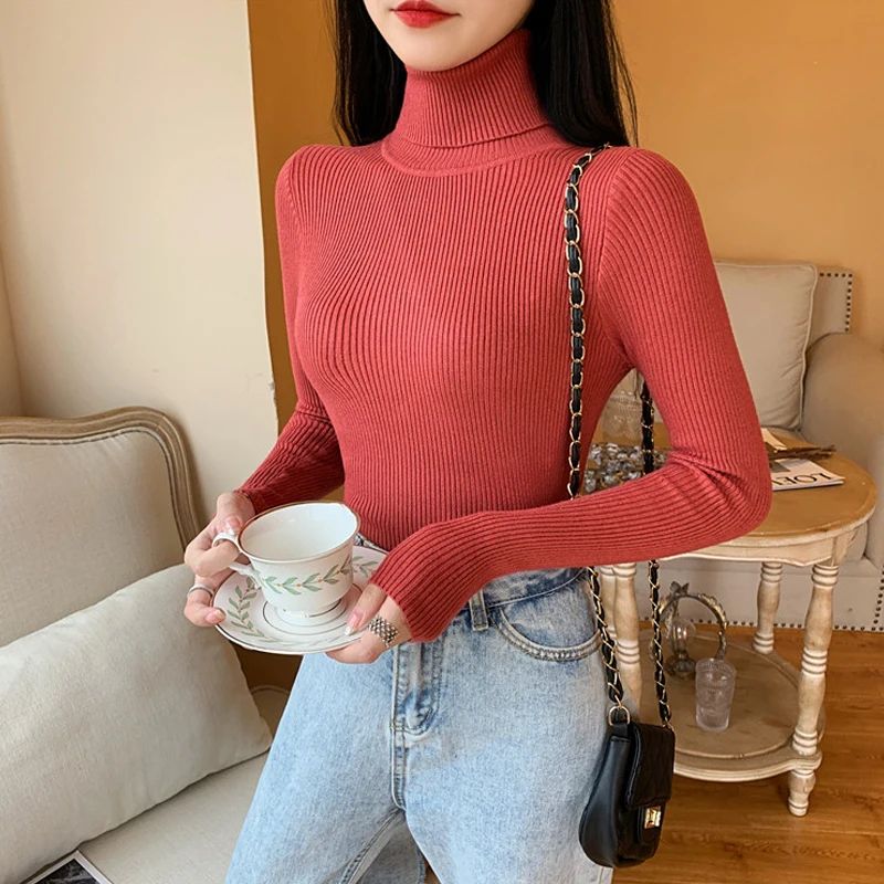 Autumn Winter Women's Ribbed Turtleneck Knit Sweater – Slim Fit Soft Warm Pullover
