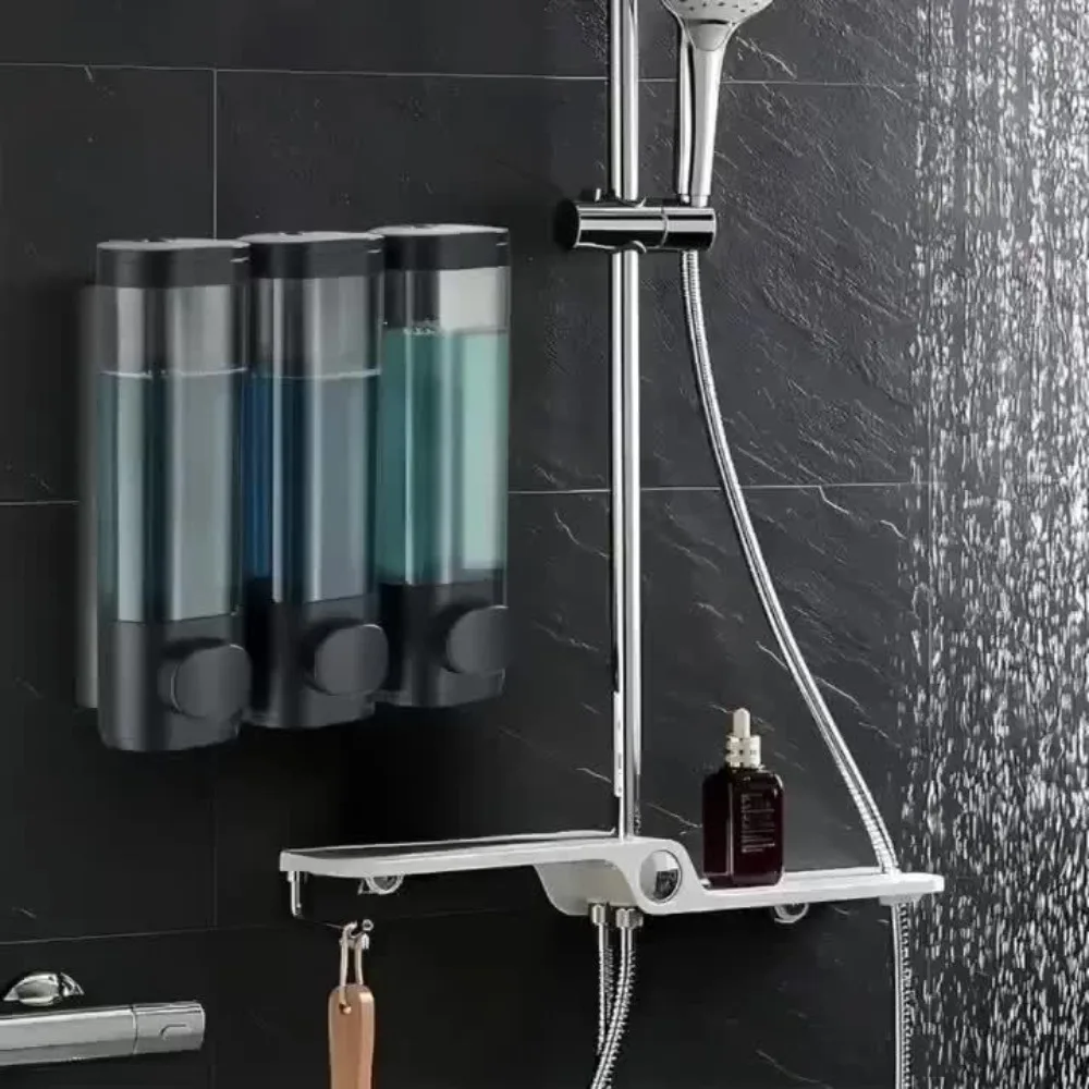 ABS Triple Shampoo and Conditioner Dispenser No Drilling Wall Mounted Soap Shower Gel Dispenser for Bathroom