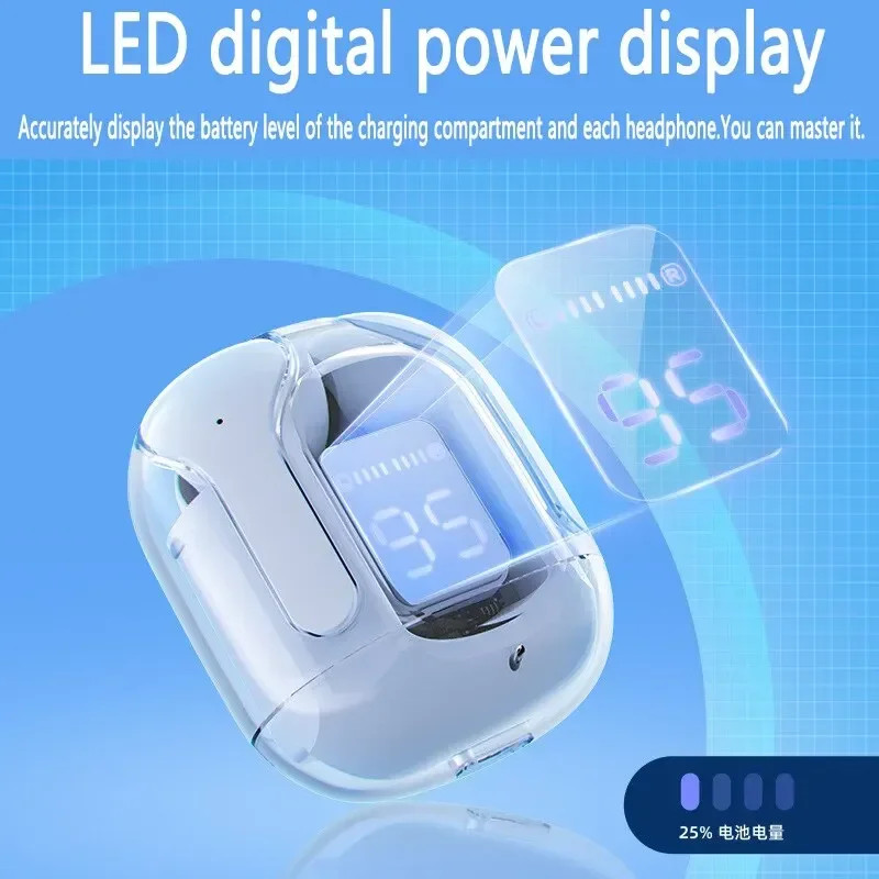 Transparent Wireless Bluetooth Earbuds with LED Display and Mic