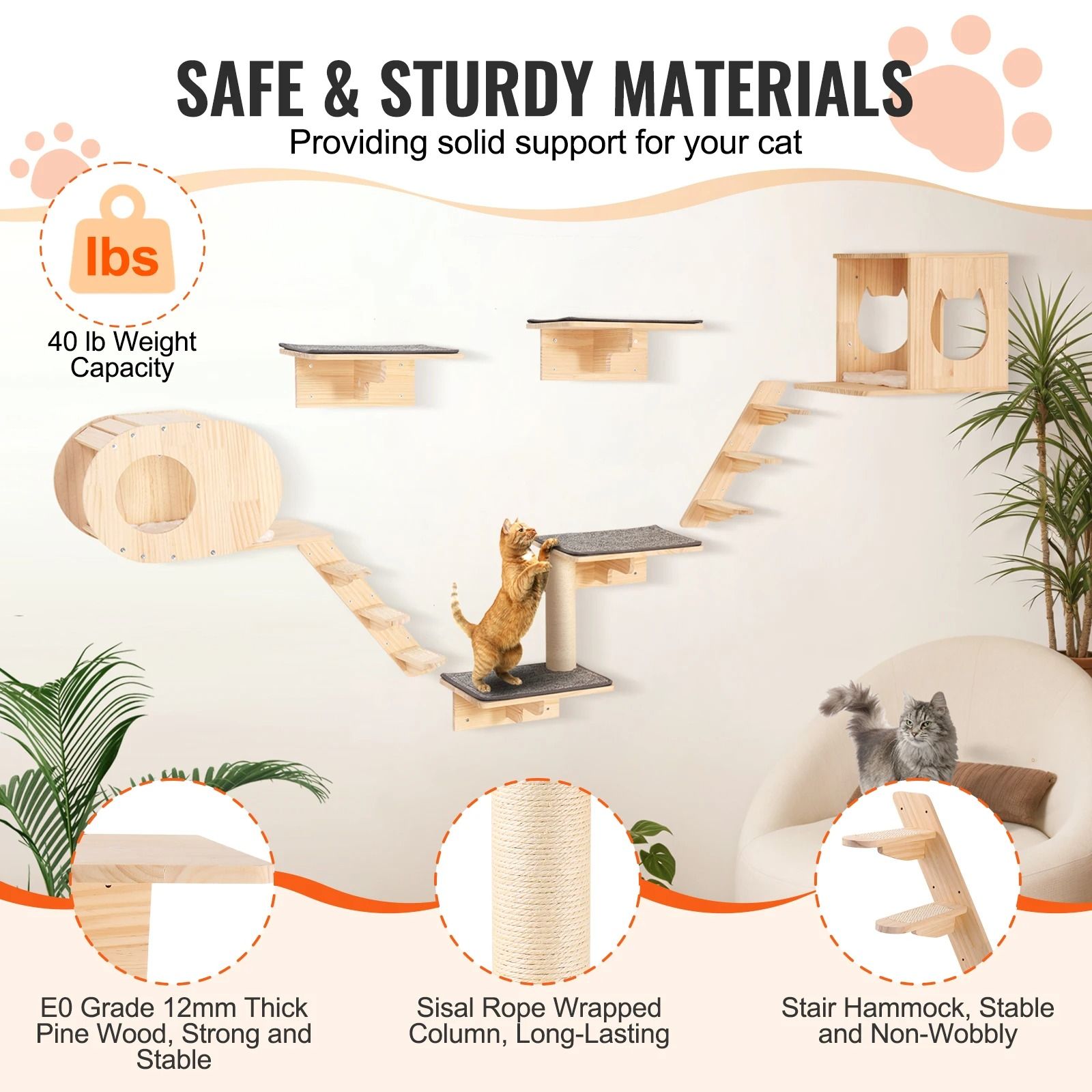 Wall Mounted Cat Play and Relax Set with Multiple Perches Hammock and Jumping Boards