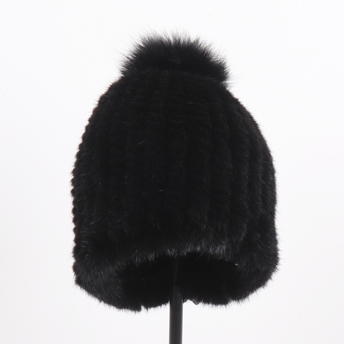 Winter Women Genuine Mink Fur Hat Hand Knitted Warm Cap with Real Mink Fur and Fox Fur Pompoms