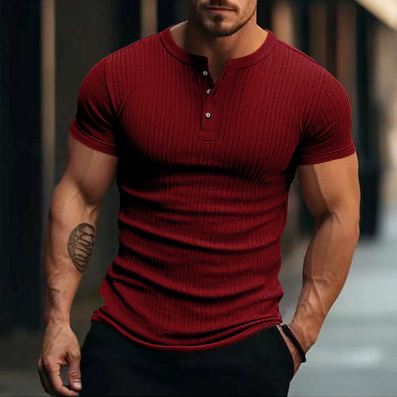 Stripe Knit Mens Stylish T-shirt, Henley Neck Fashion Short Sleeve, Soft Breathable Casual Top, Comfortable Knit Shirt