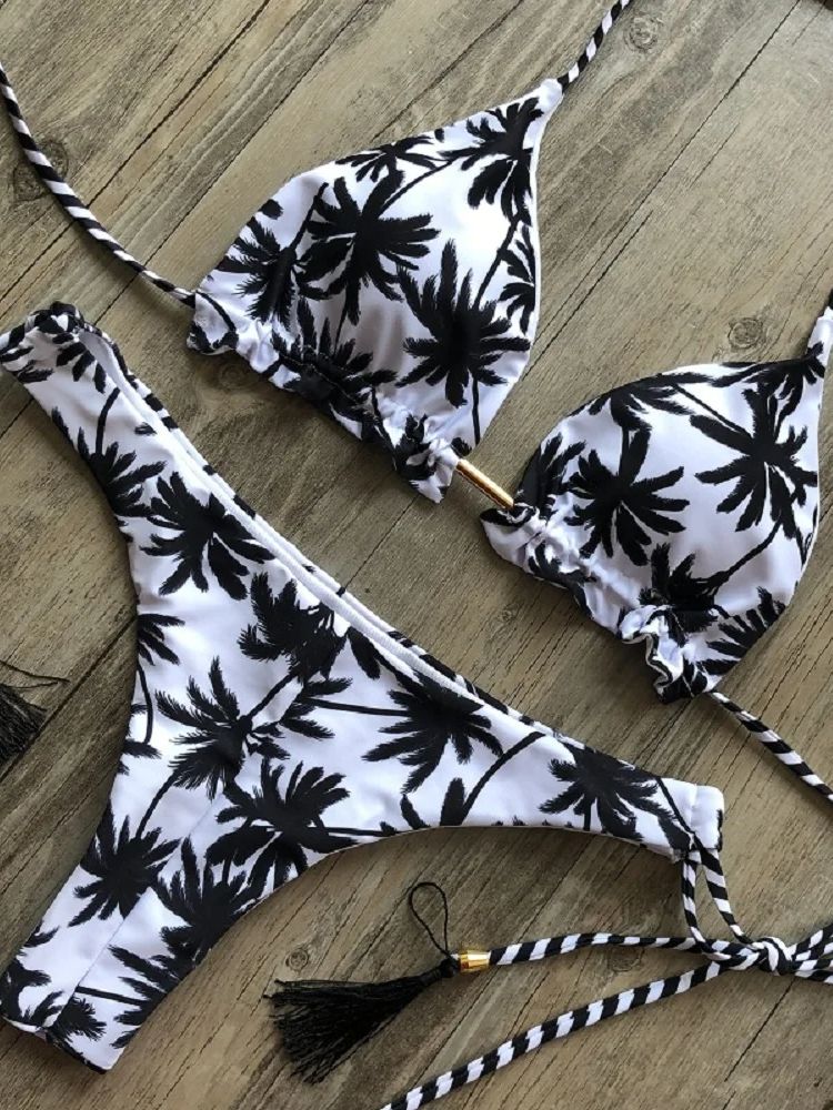 Sexy Black and White Coconut Tree Bikini Set, Women Triangle Halter Swimsuit, Brazilian Style Bathing Suit