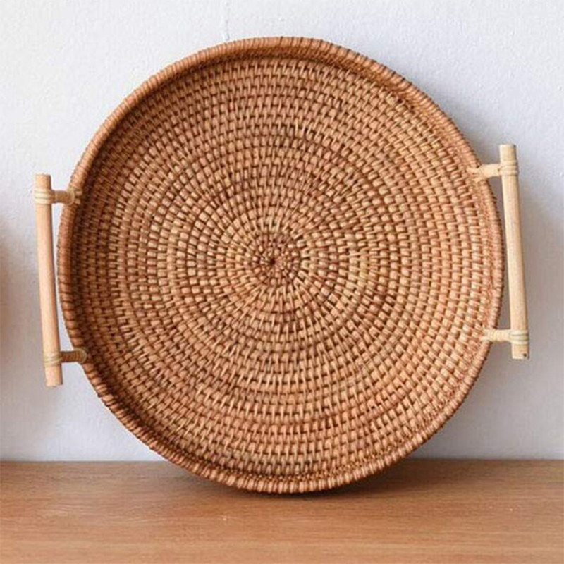 Handwoven Rattan Tray & Food Storage Basket – Eco-Friendly Kitchen Organizer with Lid, Farmhouse Home Decor