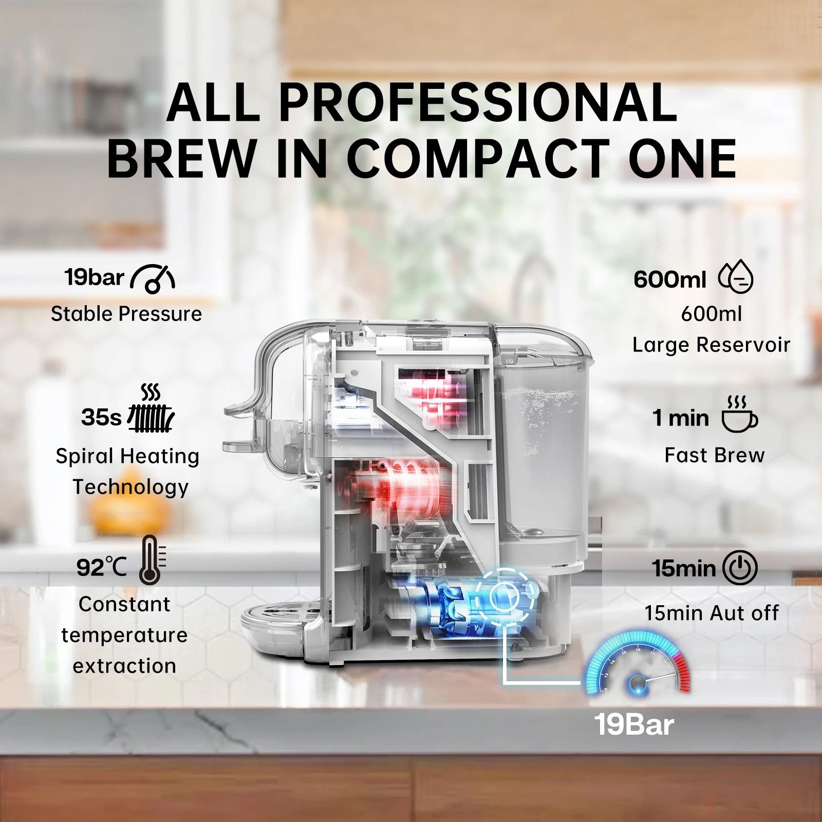 5 in 1 Capsule Coffee Machine with 20 Bar Pressure and Hot Cold Brewing