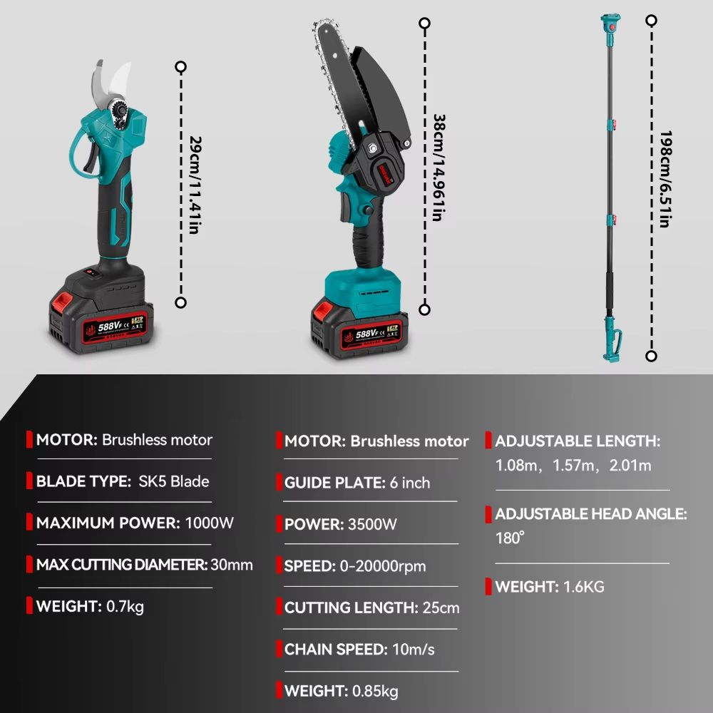 ONEVAN 3500W 2-in-1 Cordless Telescoping Pole Chainsaw and Pruning Shears for 18V Battery