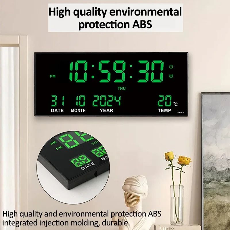 Digital Large Wall Clock Alarm Temperature Date Calendar Display 8 Sets of Alarm Clocks 14'' Electronic LED Clock Plug i