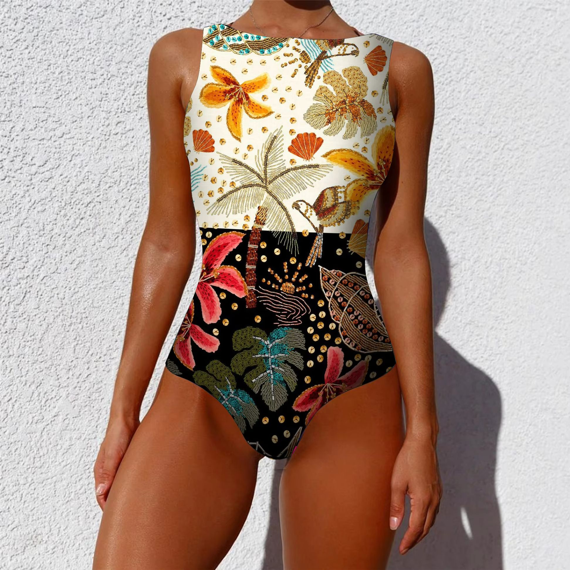 Women's Printed One-Piece Swimsuit – Push Up Lace-Up Beachwear