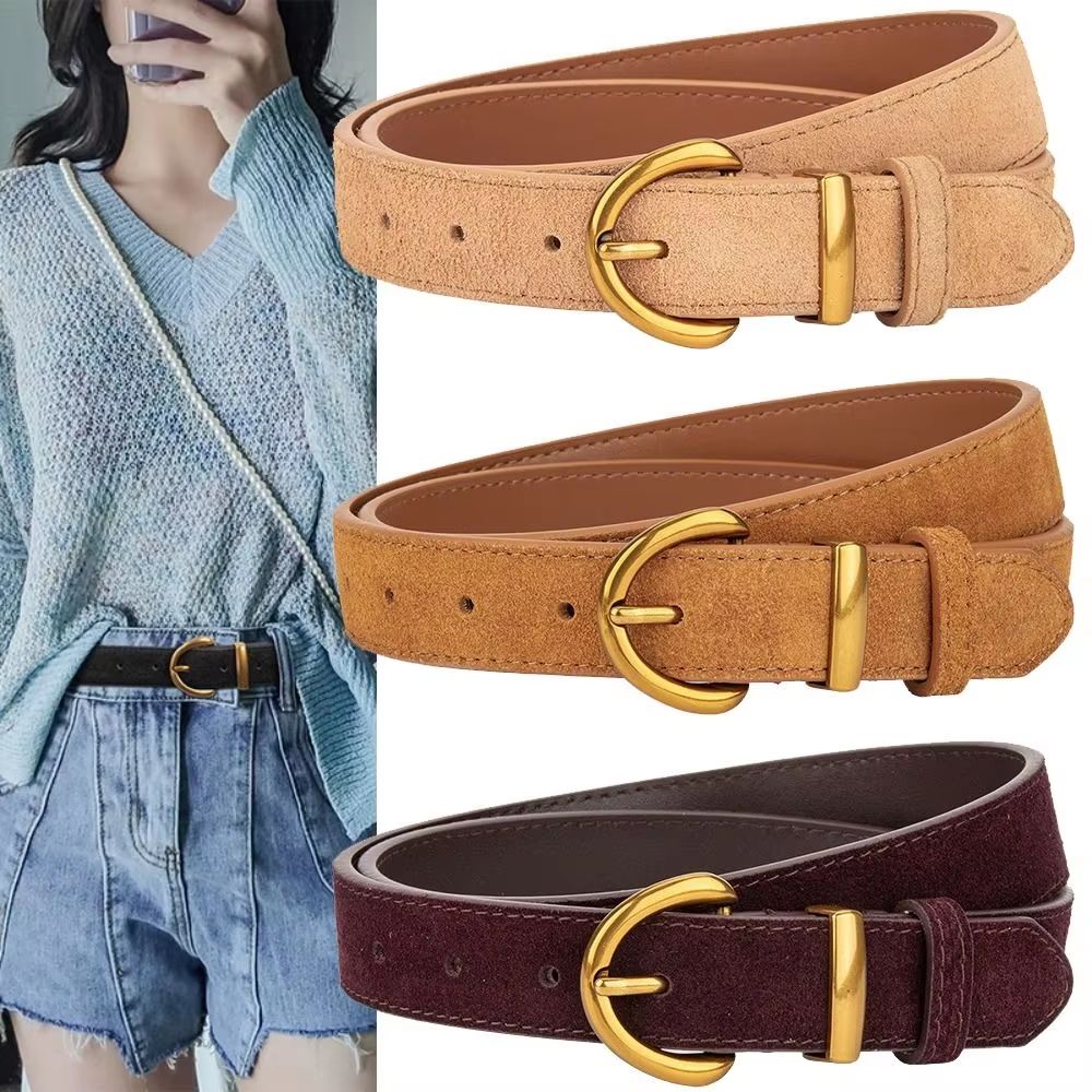 Genuine Leather Suede Women's Belt with Alloy Pin Buckle Retro Luxury Design
