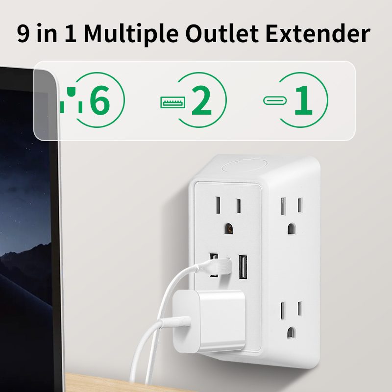 9 in 1 Power Strip with USB & Type C 6 AC Outlets, 3 USB Ports Compact Wall Charger for Home Office Travel