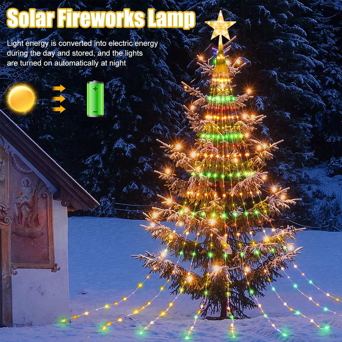 Solar Christmas Lights, Outdoor Star String Lights, Waterfall Fairy Lights for Tree and Wedding