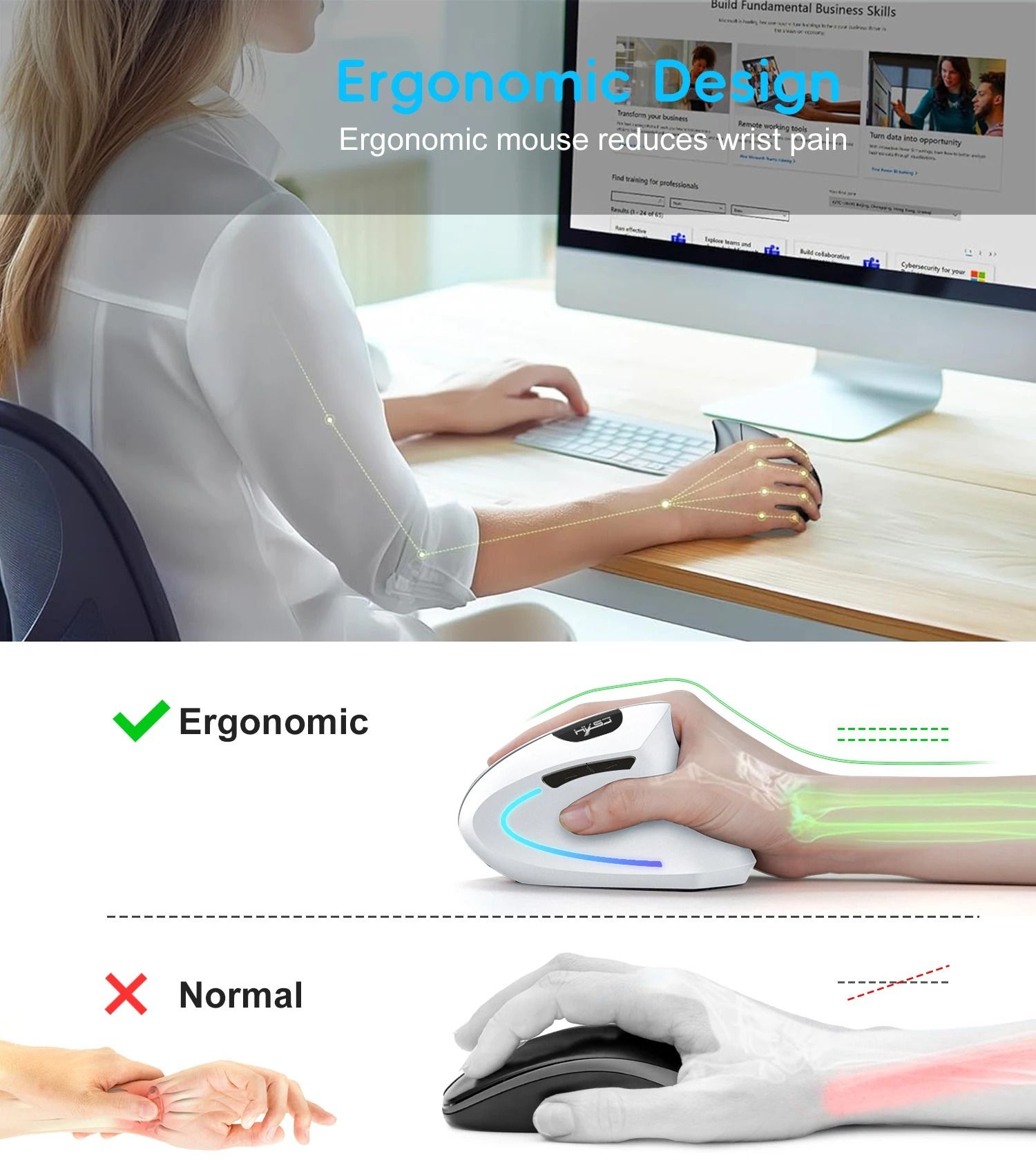 HXSJ T22 Ergonomic Vertical Mouse | Dual-Mode 2.4G & Bluetooth 5.1 Rechargeable 2400DPI Mouse