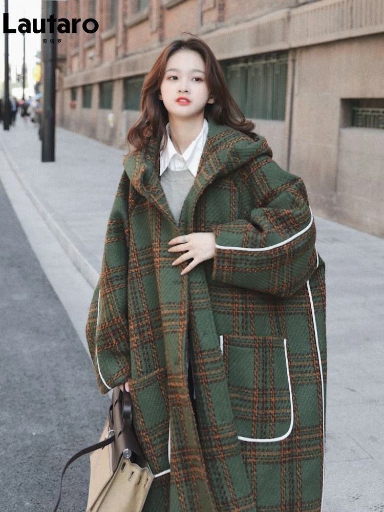 Luxury Runway Oversized Patchwork Plaid Woolen Trench Coat
