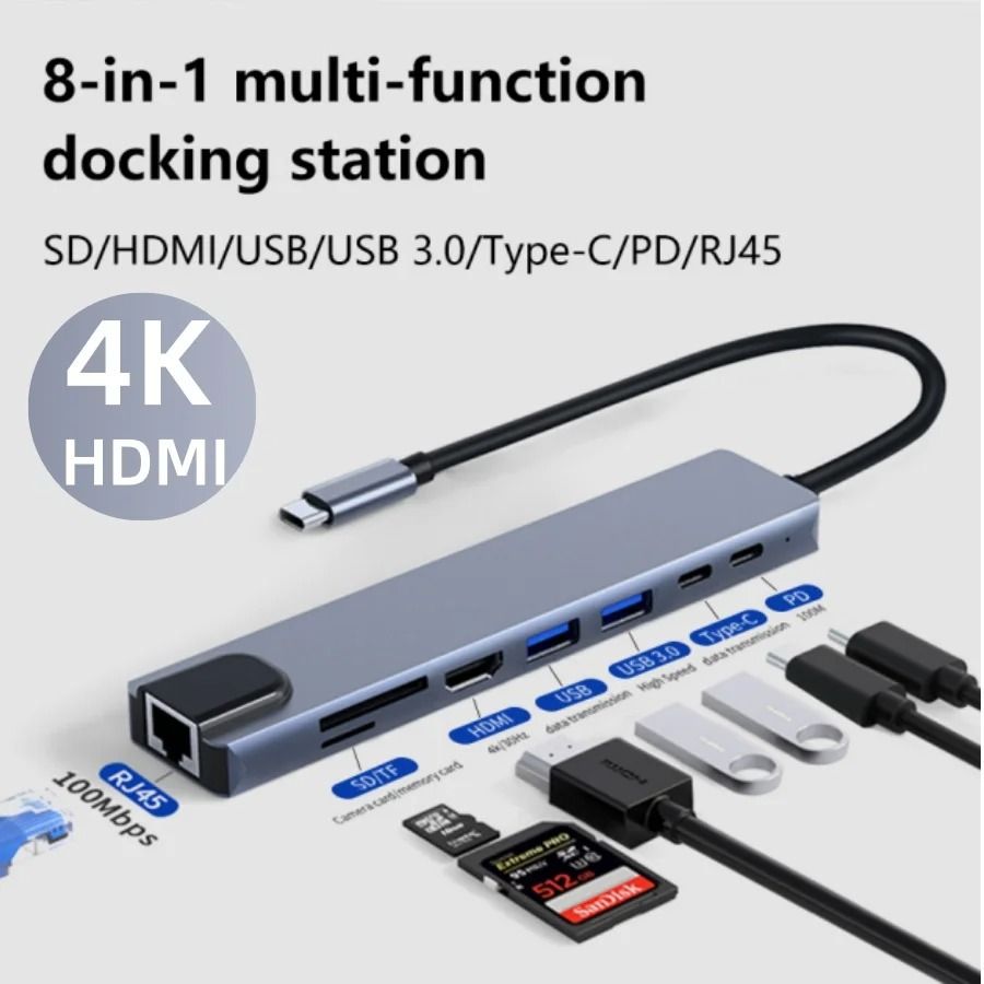 8 In 1 USB C HUB Type C Splitter 4K HDMI Adapter