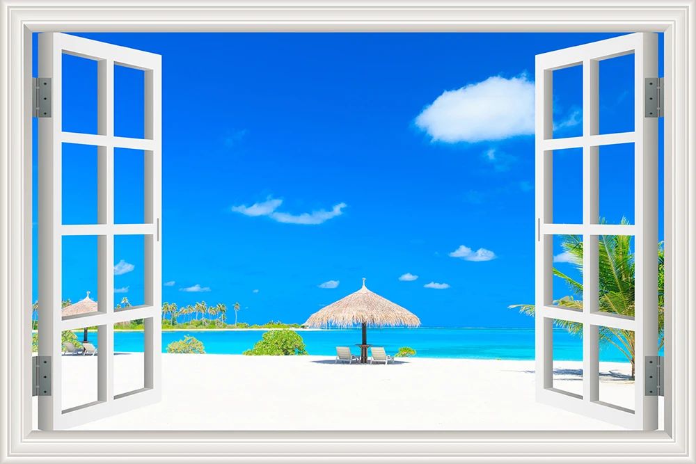3D Beach Window View Wall Sticker – Ocean Sky Landscape Peel & Stick PVC Wallpaper