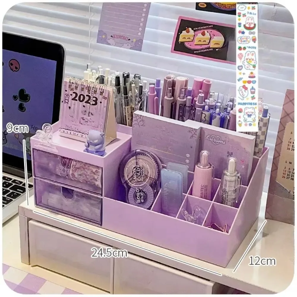 Cute Pen Desk Holder Organizer, Drawer-Type Desktop Storage Box, Nine Grids Stationery Organizer for Girls, Student Hand