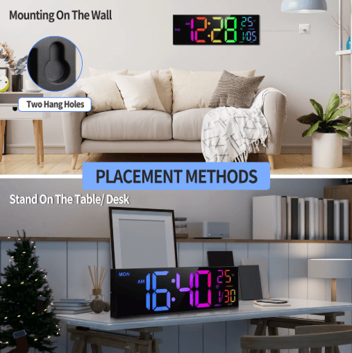 16 Large LED Digital Wall Clock RGB Display with Remote & Temperature