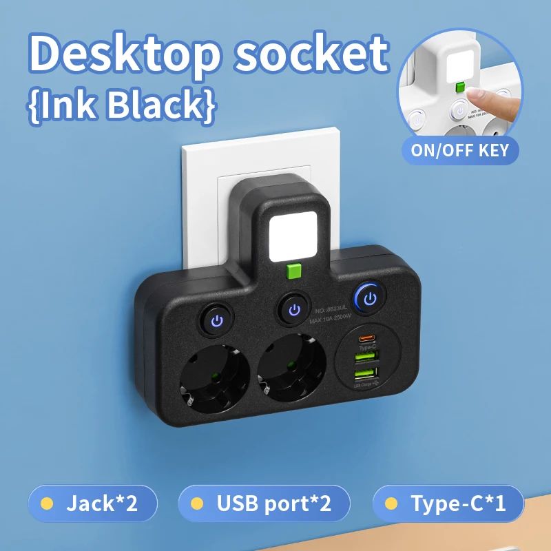 EU Power Strip with USB Charger and Separate Switches