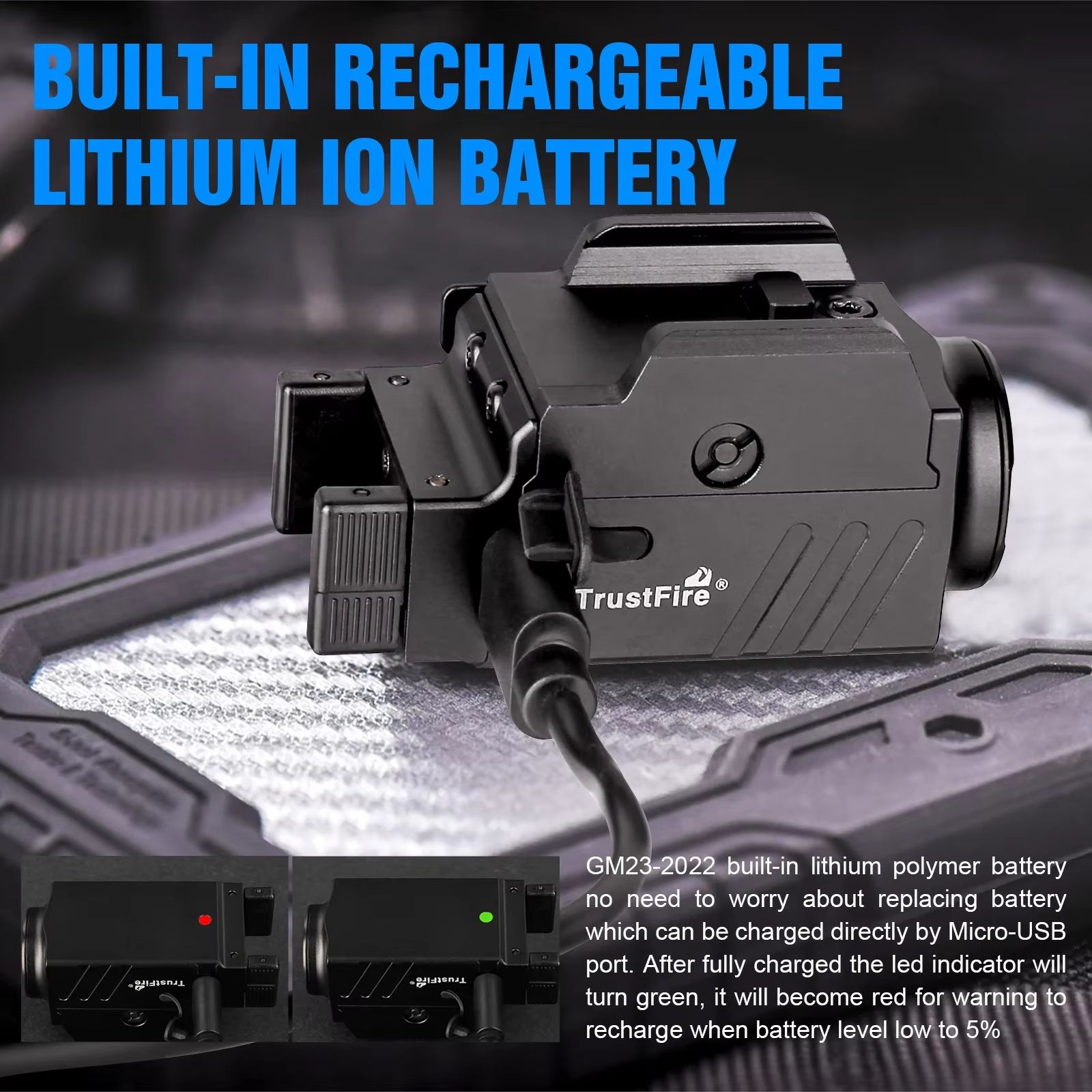 Trustfire GM23 Tactical LED Flashlight – Compact 800 Lumens USB Rechargeable Rail Light
