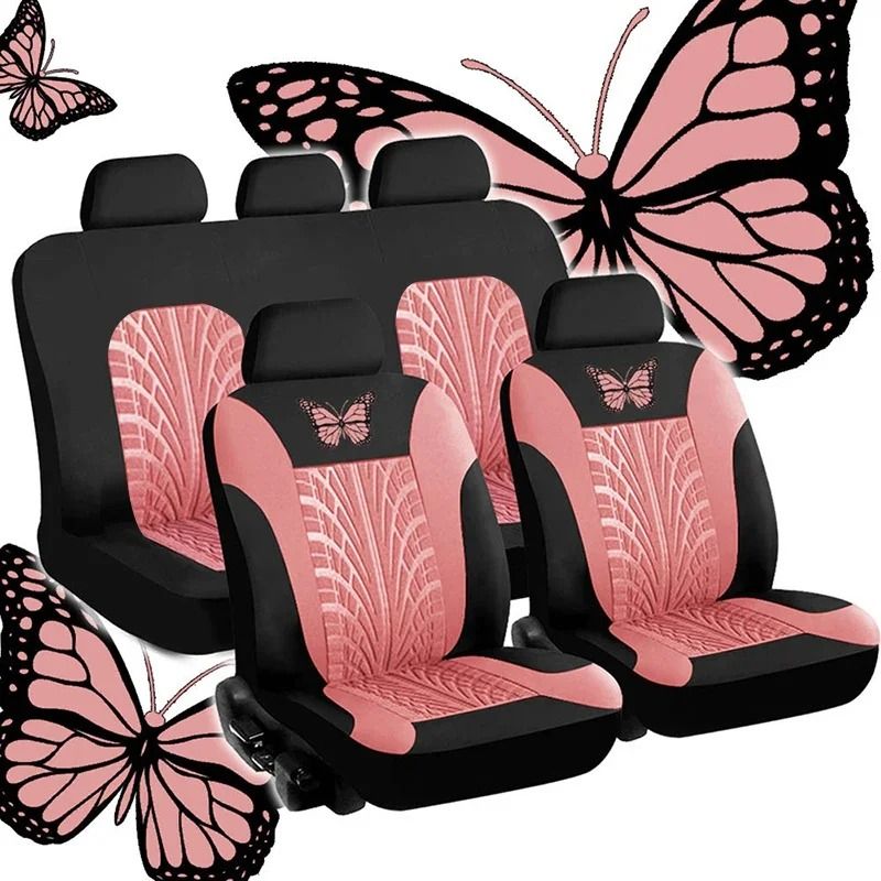 Universal Car Seat Cover Full Set with Butterfly Embroidery Design