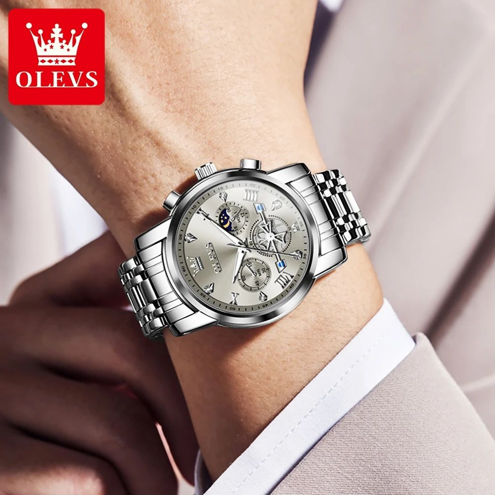 OLEVS Luxury Chronograph Moon Phase Watch Multifunction Quartz Waterproof Business Wristwatch for Men