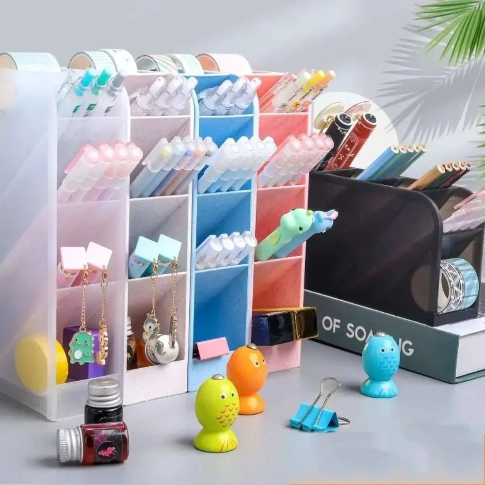 4-Grid Macaron Oblique Pen Holder – Colorful Desktop Stationery & Makeup Brush Organizer Box