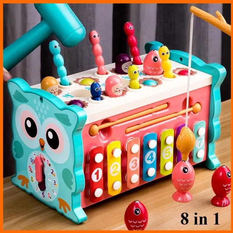 Baby Montessori Magnetic Fishing Owl Cube | Educational Hammer Game with Music