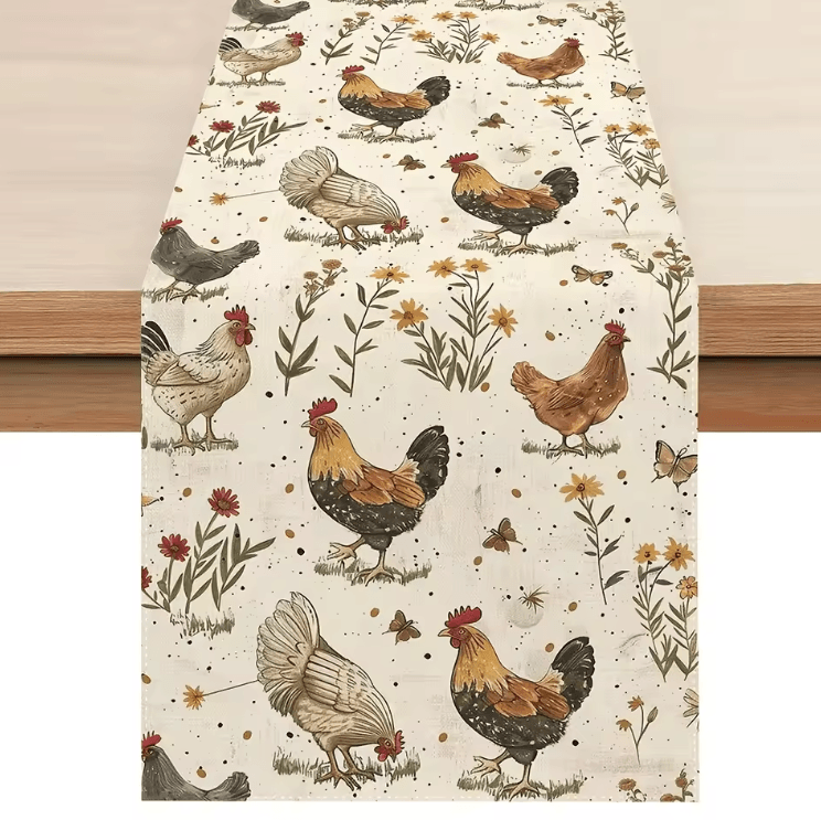 Vintage Rooster Floral Linen Table Runner – Rustic Farmhouse Bird Dining Decor